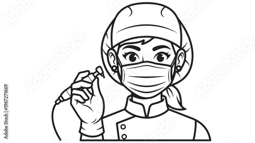 Dentist dental drill icon with scrub suit and medical mask in black and white outline style featuring symbol, healthcare, professional with equipment