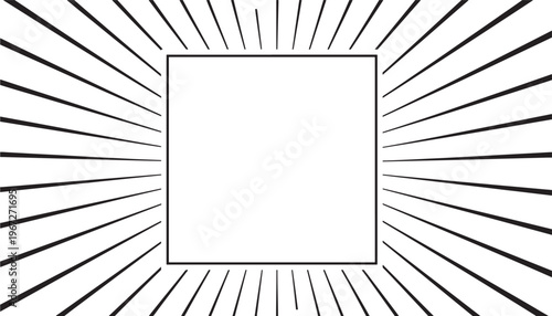 Square frame with radiating black lines on white background, dynamic perspective graphic design element
