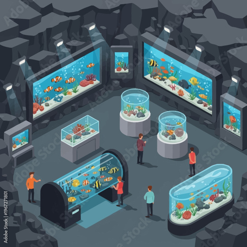 Isometric Aquarium Interior with Visitors and Diverse Fish Species.