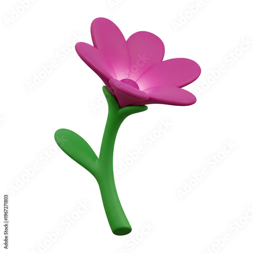 Stylized Pink Flower With Green Stem Minimal Design On Isolated Transparent Background