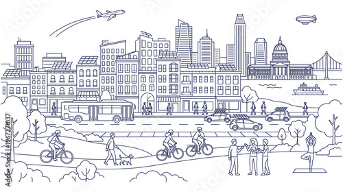 Sustainable city line art illustration, eco friendly town urban landscape.