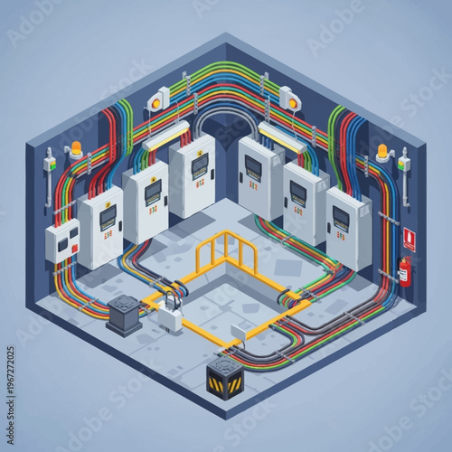 Isometric Electrical Room Illustration with Panels and Wiring System.