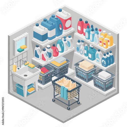 Isometric Laundry Room with Supplies and Cleaning Products.