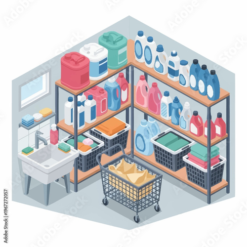 Isometric Laundry Room with Shelves and Cleaning Supplies Illustration.