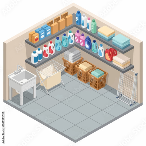 Isometric Laundry Room Interior with Shelves and Supplies Illustration.
