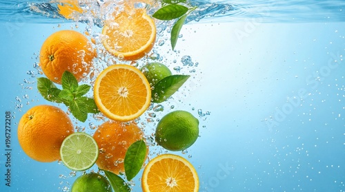Fresh oranges and limes submerged in water with splashes and green leaves