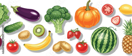 Fresh Organic Fruits and Vegetables Collection Including Pumpkin Watermelon Banana Broccoli Tomato Strawberry Kiwi Pineapple Healthy Food Vector Illustration Set