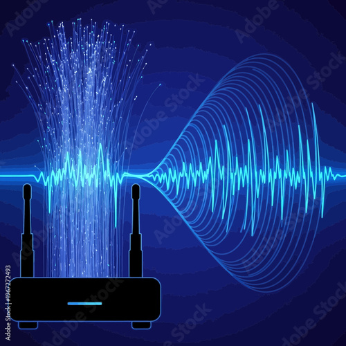 Modern wireless router transmitting data through fiber optic cables and waves.