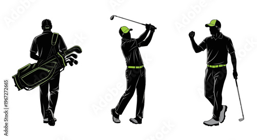 Silhouette golf players in various poses.