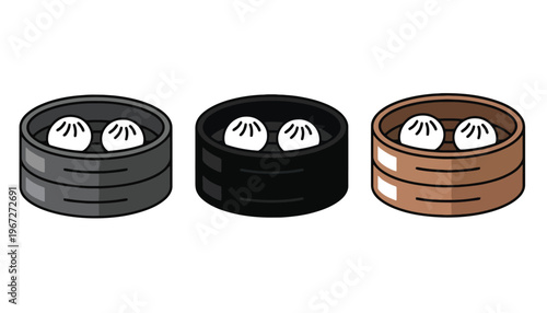 A steamer basket with dumplings in a traditional Asian cooking setup