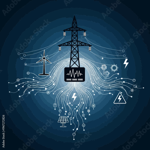 Power grid illustration showcasing renewable energy sources and electricity transmission.