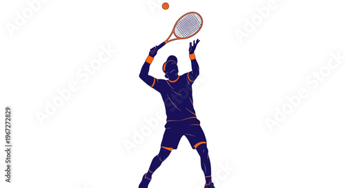Tennis player in action serves ball.