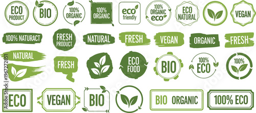 Large Collection of Green Eco Friendly Product Labels Featuring Organic Bio Vegan and Natural Food Badges with Leaf Icons and Grunge Brush Textures for Sustainable Packaging Design