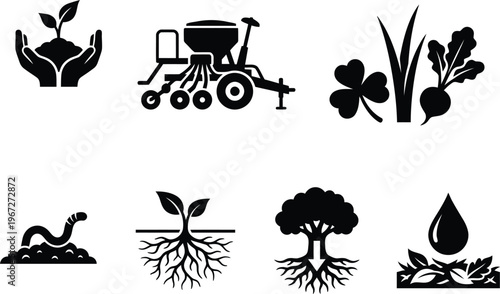 Agriculture and soil health icon set featuring seedlings, earthworm, plant root systems, farming machinery, and organic composting elements for sustainable farming and environment design