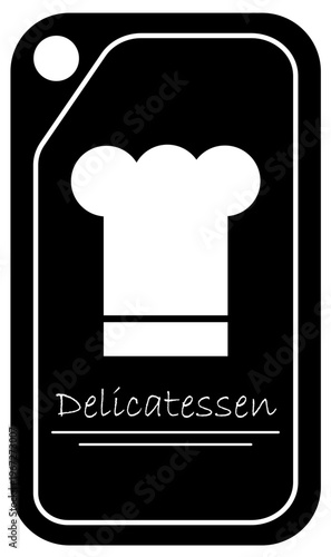 Delicatessen logo con gorro de chef y tabla de picar. Ilustración vectorial en blanco y negro. Icono para diseño, grafica, app, folleto, sitio web, tienda, fiambrería, restaurante y otros.