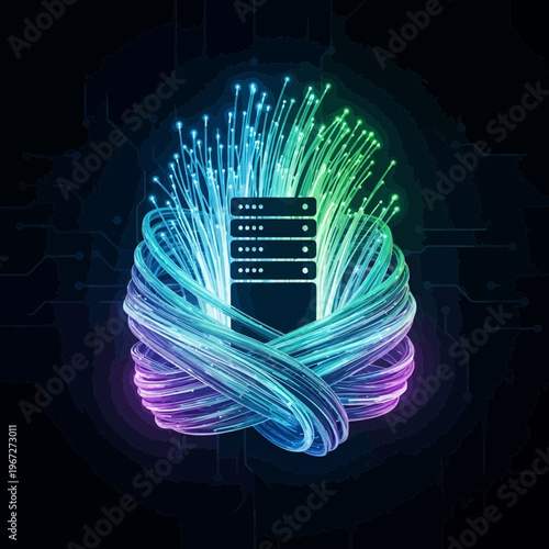 Server surrounded by glowing fiber optic cables data transmission concept.