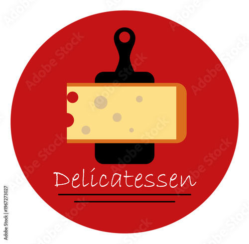 Delicatessen logo circular con queso y tabla de picar. Ilustración vectorial en color. Icono para diseño, grafica, app, folleto, sitio web, tienda, fiambrería, restaurante y otros.