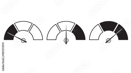 Speedometer icons with needles indicating varying levels from low to high performance, representing speed and measurement.