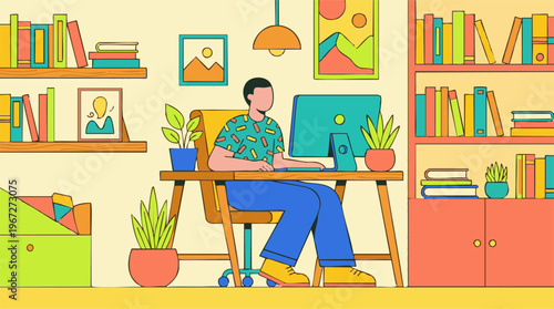 Minimalist Illustration of a Person Working from Home on a Desktop Computer