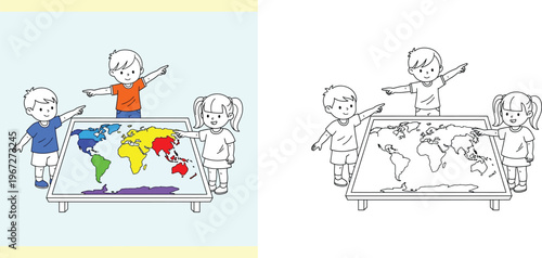 Diverse Children Learning Geography with World Map on Table Illustration and Coloring Page Outline for Kids Education School Activities and Global Awareness Concept