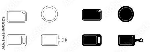 Tabla de picar comida en madera y en metal. Conjunto de iconos en blanco y negro para restaurante, tiendas y fiambrería. Ilustración vectorial para sitio web, folleto, app y otros.