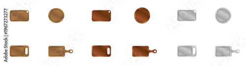Tabla de picar comida en madera y en metal. Conjunto de iconos en color para restaurante, tiendas y fiambrería. Ilustración vectorial para sitio web, folleto, app y otros.
