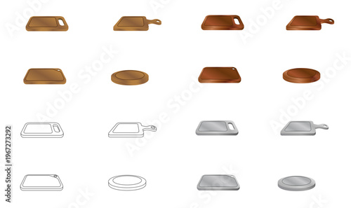 Tabla de picar comida en madera y en metal. Conjunto de iconos en color para restaurante, tiendas y fiambrería. Ilustración vectorial para sitio web, folleto, app y otros.