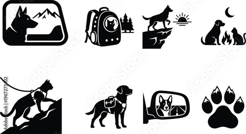 Pet travel and adventure icon set featuring dog and cat hiking, camping, and road trip silhouettes, pet-friendly outdoor activity symbols for animal tourism, veterinary services, and blogs