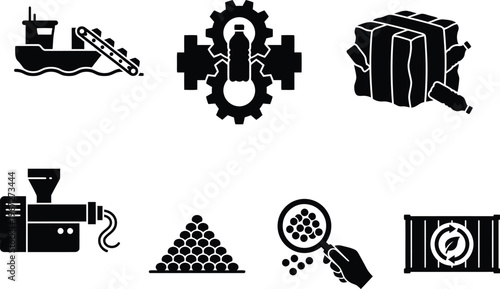 Ocean Plastic Recycling Process Icon Set: Sustainable Industrial Waste Management, Circular Economy, and Plastic Upcycling Workflow Symbols for Eco-Friendly Manufacturing and Logistics