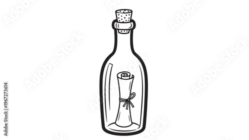 Bottle message with rolled parchment tied with a ribbon and cork stopper, hand-drawn graphic. featuring scroll, sealed, glass with container and