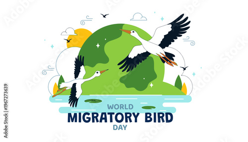 A colorful illustration of storks flying around the Earth for World Migratory Bird Day