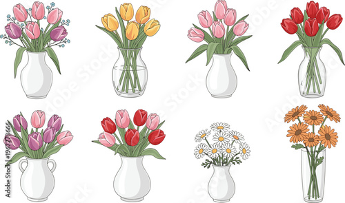Colorful flower bouquets in vases illustration set, tulips and daisies arrangement, decorative botanical collection, vibrant floral design for home decor