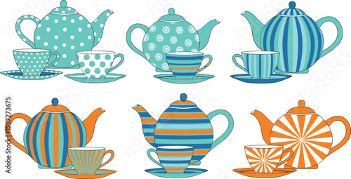 Colorful teapot and cup illustration set, patterned ceramic tea sets collection, vibrant kitchenware design, decorative drinkware artwork, modern vintage style