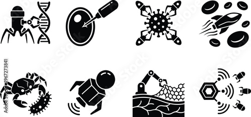 Nanotechnology and Biotechnology Icon Set Featuring Nanobots, DNA Gene Editing, Microscopic Medical Robotics, Cell Engineering, and Molecular Science for Healthcare and Future Tech Concepts