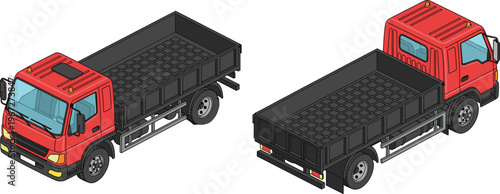 Isometric cargo truck illustration, flatbed delivery vehicle design, logistics transport concept, red commercial lorry, industrial shipping and freight service artwork