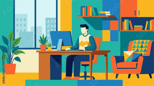 Vibrant illustration of a man working remotely in a colorful home office