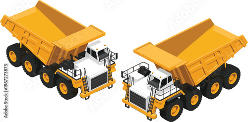 Isometric mining dump truck illustration, heavy duty haul truck vehicles, industrial construction machinery, large yellow dumper transport, quarry equipment design artwork