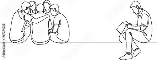 Minimalist social contrast line art illustration, group bonding versus loneliness concept, black and white outline drawing, emotional isolation and friendship scene