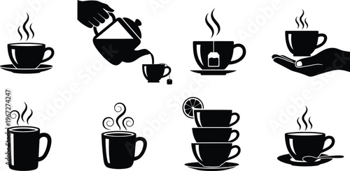 Set of black coffee and tea cup vector icons