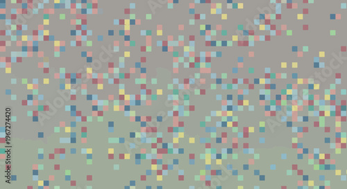 Dynamic digital pattern of small, multi-colored squares dispersed on a subtle gradient, offering a modern and abstract visual concept for various media projects