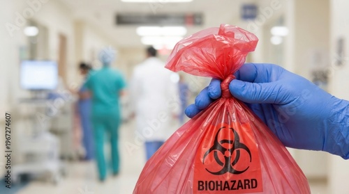 A gloved hand holds a red biohazard waste bag displaying the symbol and text in a hospital corridor background