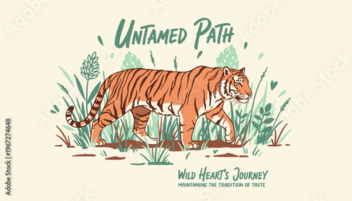 Hand Drawn Tiger Illustration with Untamed Path Typography and Vintage Nature Theme