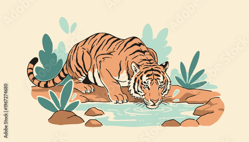 Hand Drawn Illustration of a Tiger Drinking Water by a Pond