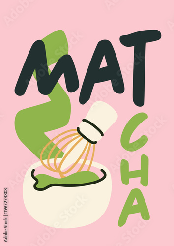 Matcha tea poster with hand drawn whisk and bowl on pink background