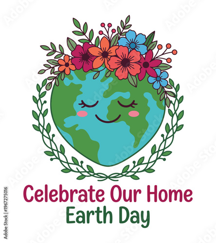 A happy smiling anthropomorphic Earth wearing a floral crown and embraced by green vines celebrates our home Earth day T-shirt Design