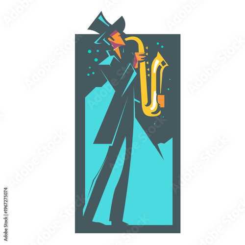 illustration of a jazz musician playing a saxophone, wearing a top hat and a long coat, in a limited color palette of teal, grey, and orange,minimalist, graphic art 