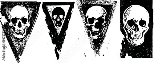 Grunge skull designs on rough triangular black backgrounds with textured vintage