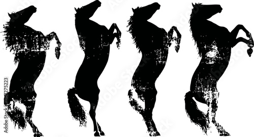 Black horse silhouette rearing up dynamic motion set on white background