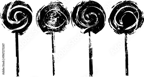 Vintage grunge lollipop collection with textured swirled candy on sticks, sweet retro design elements