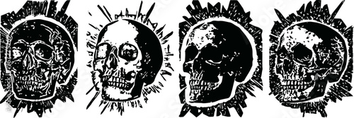 Vintage grunge skull illustrations with distressed and textured effects in black and white